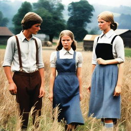 A mid-1970s countryside setting featuring a teenage master, a tired-looking maid, and a malicious farmhand in the background