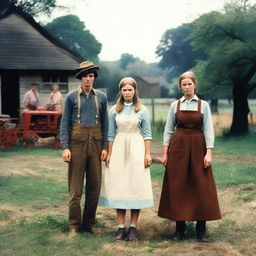 A mid-1970s countryside setting featuring a teenage master, a tired-looking maid, and a malicious farmhand in the background