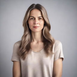 A photo-realistic image of a woman with a serene expression, standing against a neutral background