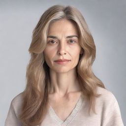 A photo-realistic image of a woman with a serene expression, standing against a neutral background