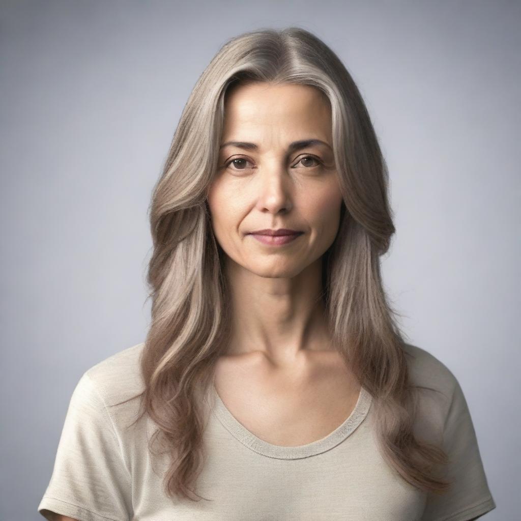 A photo-realistic image of a woman with a serene expression, standing against a neutral background