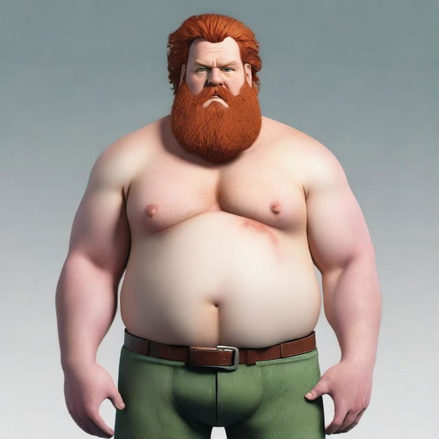 A man standing at 190 cm tall, with a corpulent build, red hair, and a beard