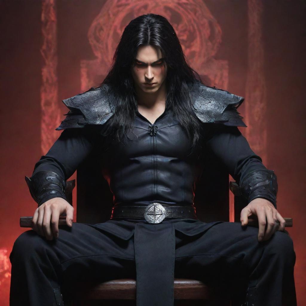 A slightly muscular teenage anime character with long dark hair and furious red eyes emanating dark magic. He is clad in warrior clothes, seated in a chair, staring intently ahead.