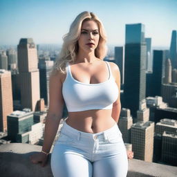 A beautiful white woman who is a colossal giantess, towering over the city