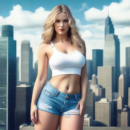 A beautiful white woman who is a colossal giantess, towering over the city