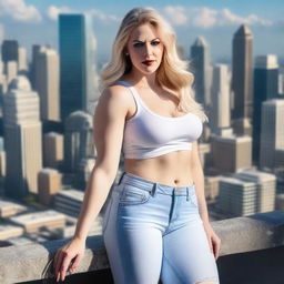 A beautiful white woman who is a colossal giantess, towering over the city