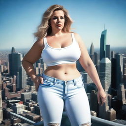 A beautiful white woman who is a colossal giantess, towering over the city