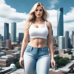 A beautiful white woman who is a colossal giantess, about 50 feet tall, standing in a cityscape