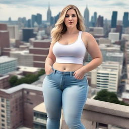 A beautiful white woman who is a colossal giantess, about 50 feet tall, standing in a cityscape