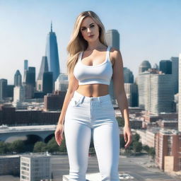 A beautiful white woman who is a colossal giantess, about 50 feet tall, standing in a cityscape