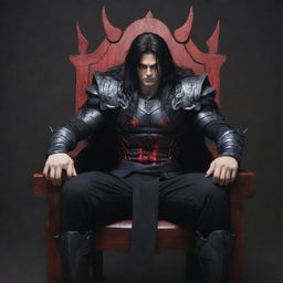 A slightly muscular teenage anime character with long dark hair and furious red eyes emanating dark magic. He is clad in warrior clothes, seated in a chair, staring intently ahead.