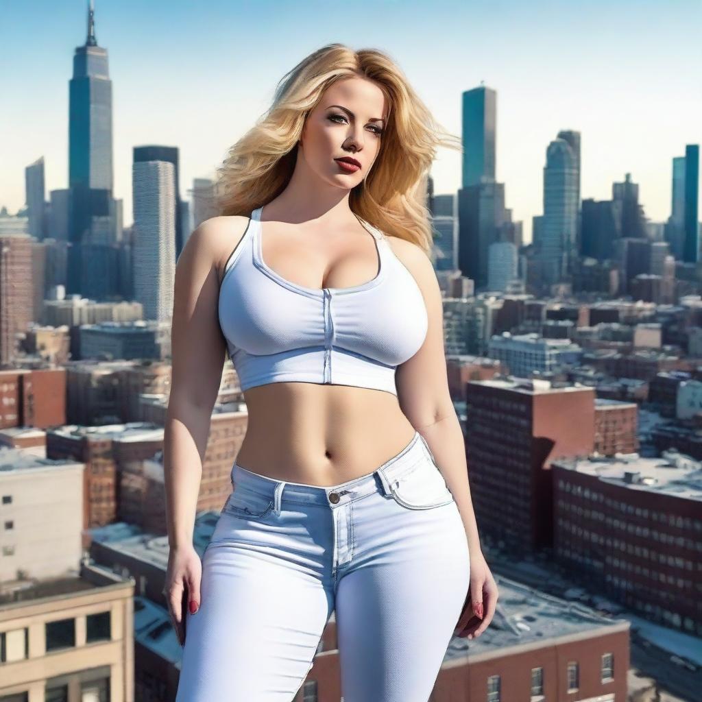 A beautiful white woman who is a colossal giantess, about 50 feet tall, standing in a cityscape