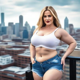 A beautiful white woman who is a colossal giantess, about 50 feet tall, standing in a cityscape