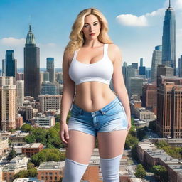 A beautiful white woman who is a colossal giantess, about 50 feet tall, standing in a cityscape