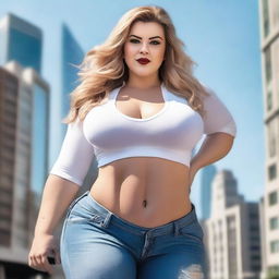 A beautiful white woman who is a colossal giantess, about 50 feet tall, standing in a cityscape