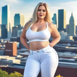 A beautiful white woman who is a colossal giantess, about 50 feet tall, standing in a cityscape