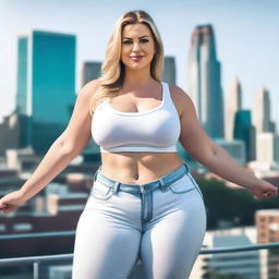 A beautiful white woman who is a colossal giantess, about 50 feet tall, standing in a cityscape