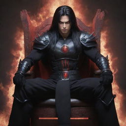 A slightly muscular teenage anime character with long dark hair and furious red eyes emanating dark magic. He is clad in warrior clothes, seated in a chair, staring intently ahead.