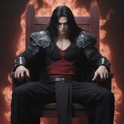 A slightly muscular teenage anime character with long dark hair and furious red eyes emanating dark magic. He is clad in warrior clothes, seated in a chair, staring intently ahead.