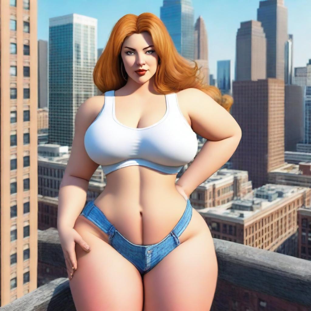 A beautiful white woman who is a colossal giantess, about 50 feet tall, standing in a cityscape