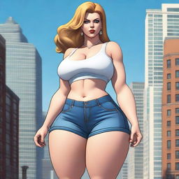 A beautiful white woman who is a colossal giantess, about 50 feet tall, standing in a cityscape