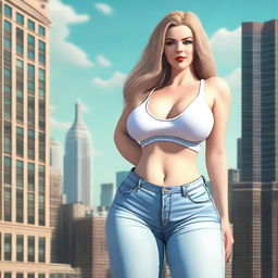 A beautiful white woman who is a colossal giantess, about 50 feet tall, standing in a cityscape