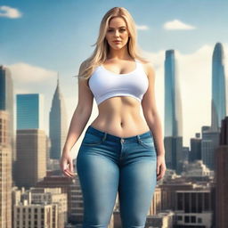 A beautiful white woman who is a colossal giantess, about 50 feet tall, standing in a cityscape