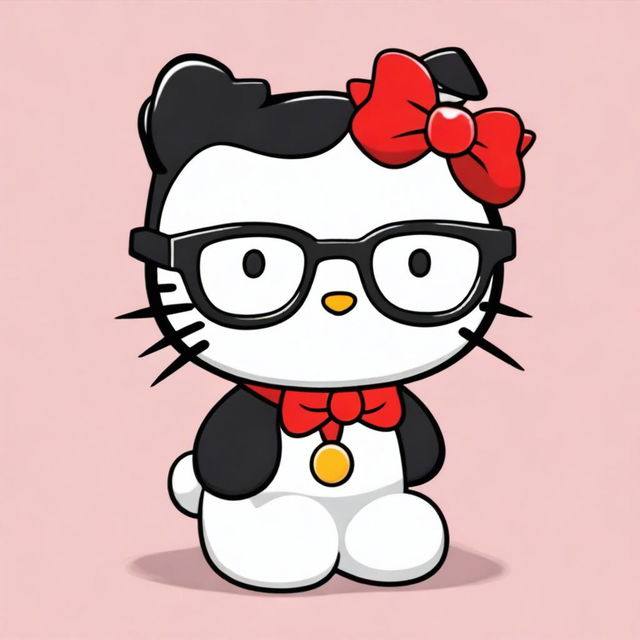 A cute Hello Kitty character with black hair and rounded glasses