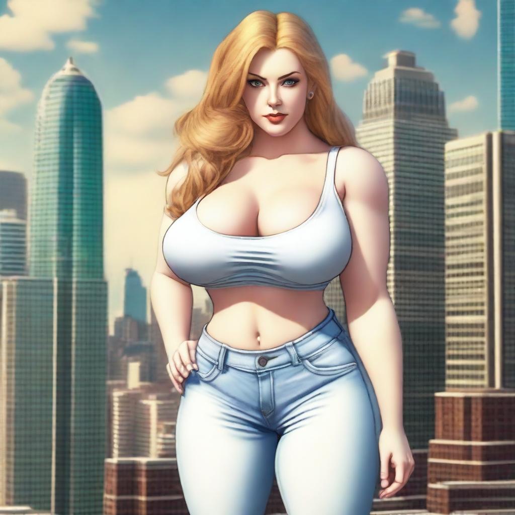 A beautiful white woman who is a colossal giantess, about 50 feet tall, standing in a cityscape