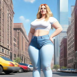 A beautiful white woman who is a colossal giantess, about 50 feet tall, standing in a cityscape