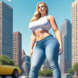 A beautiful white woman who is a colossal giantess, about 50 feet tall, standing in a cityscape