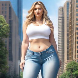 A beautiful white woman who is a colossal giantess, about 50 feet tall, standing in a cityscape