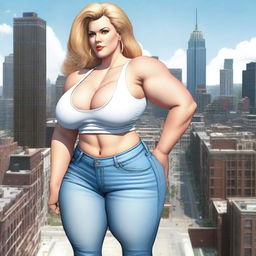 A beautiful white woman who is a colossal giantess, about 50 feet tall, standing in a cityscape