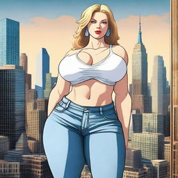 A beautiful white woman who is a colossal giantess, about 50 feet tall, standing in a cityscape