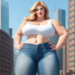 A beautiful white woman who is a colossal giantess, about 50 feet tall, standing in a cityscape