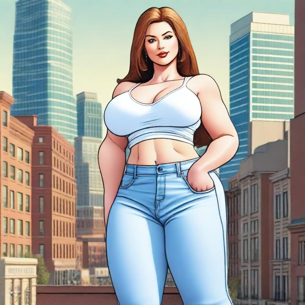 A beautiful white woman who is a colossal giantess, about 50 feet tall, standing in a cityscape