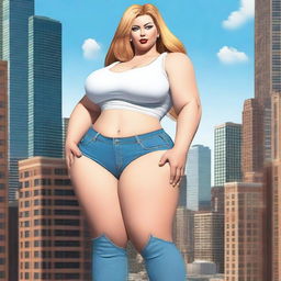 A beautiful white woman who is a colossal giantess, about 50 feet tall, standing in a cityscape