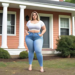 A beautiful white woman who is a colossal giantess, about 50 feet tall, standing outside her doll-sized house which is positioned between her legs