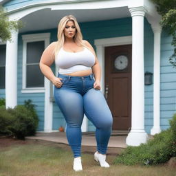 A beautiful white woman who is a colossal giantess, about 50 feet tall, standing outside her doll-sized house which is positioned between her legs