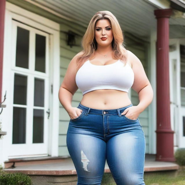 A beautiful white woman who is a colossal giantess, about 50 feet tall, standing outside her doll-sized house which is positioned between her legs