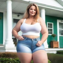 A beautiful white woman who is a colossal giantess, about 50 feet tall, standing outside her doll-sized house which is positioned between her legs