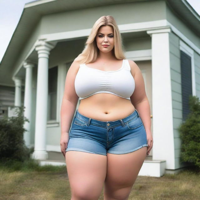 A beautiful white woman who is a colossal giantess, about 50 feet tall, standing outside her doll-sized house which is positioned between her legs