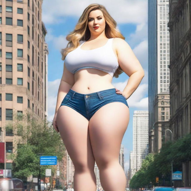 A beautiful white woman who is a colossal giantess, about 50 feet tall, standing in the middle of a bustling city