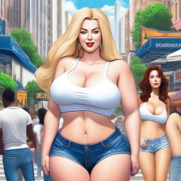 A beautiful white woman who is a colossal giantess, about 50 feet tall, standing in the middle of a bustling city