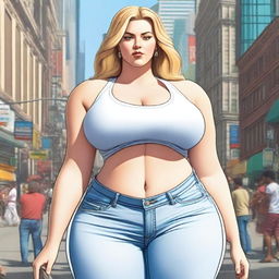 A beautiful white woman who is a colossal giantess, about 50 feet tall, standing in the middle of a bustling city