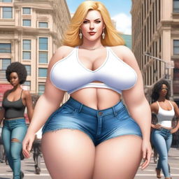 A beautiful white woman who is a colossal giantess, about 50 feet tall, standing in the middle of a bustling city