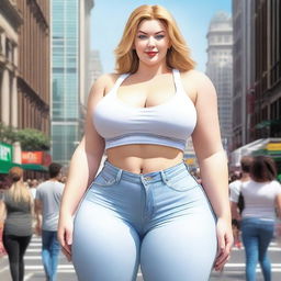 A beautiful white woman who is a colossal giantess, about 50 feet tall, standing in the middle of a bustling city