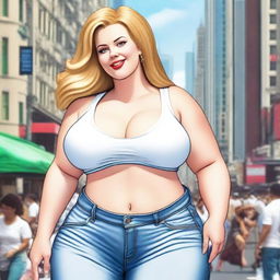 A beautiful white woman who is a colossal giantess, about 50 feet tall, standing in the middle of a bustling city