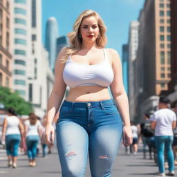 A beautiful white woman who is a colossal giantess, about 50 feet tall, standing in the middle of a bustling city