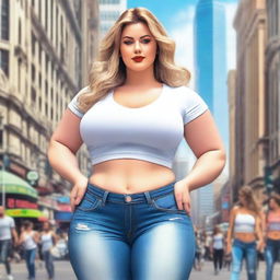 A beautiful white woman who is a colossal giantess, about 50 feet tall, standing in the middle of a bustling city